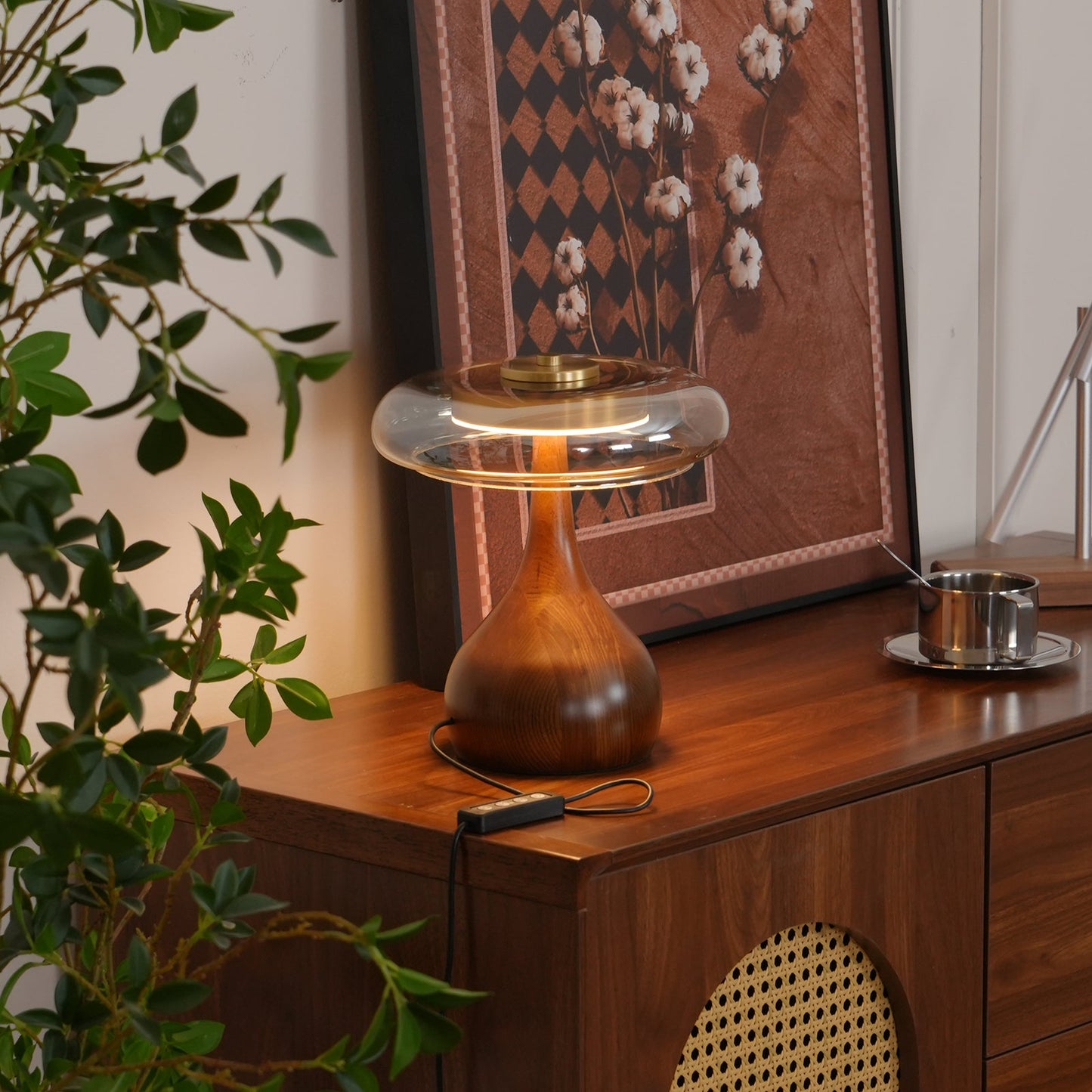 Adjustable LED Glass Table Lamp - Elegant Brass and Wood Design for Bedside or Desk 2