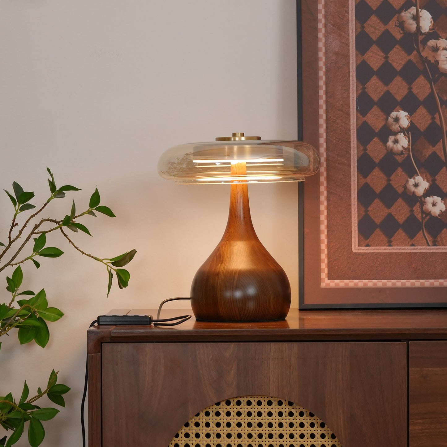 Adjustable LED Glass Table Lamp - Elegant Brass and Wood Design for Bedside or Desk 3