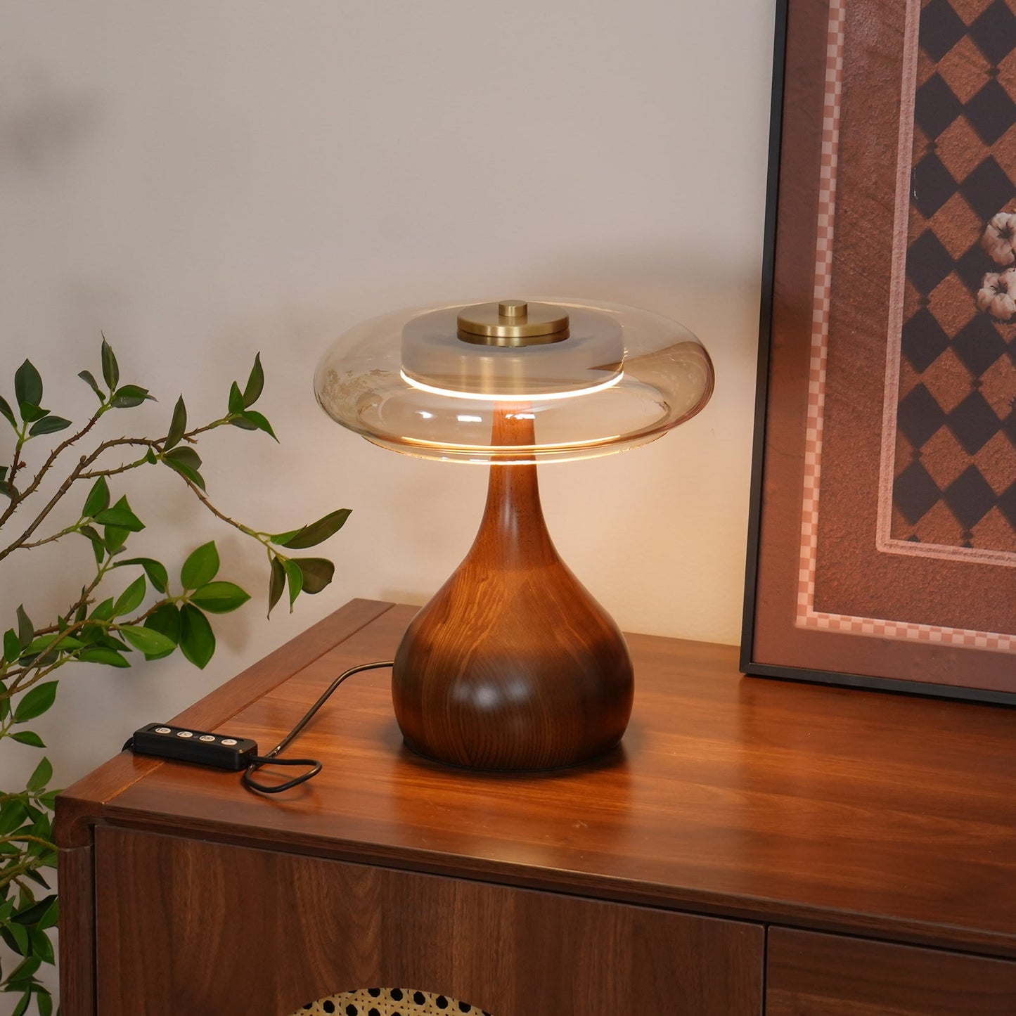Adjustable LED Glass Table Lamp - Elegant Brass and Wood Design for Bedside or Desk 4