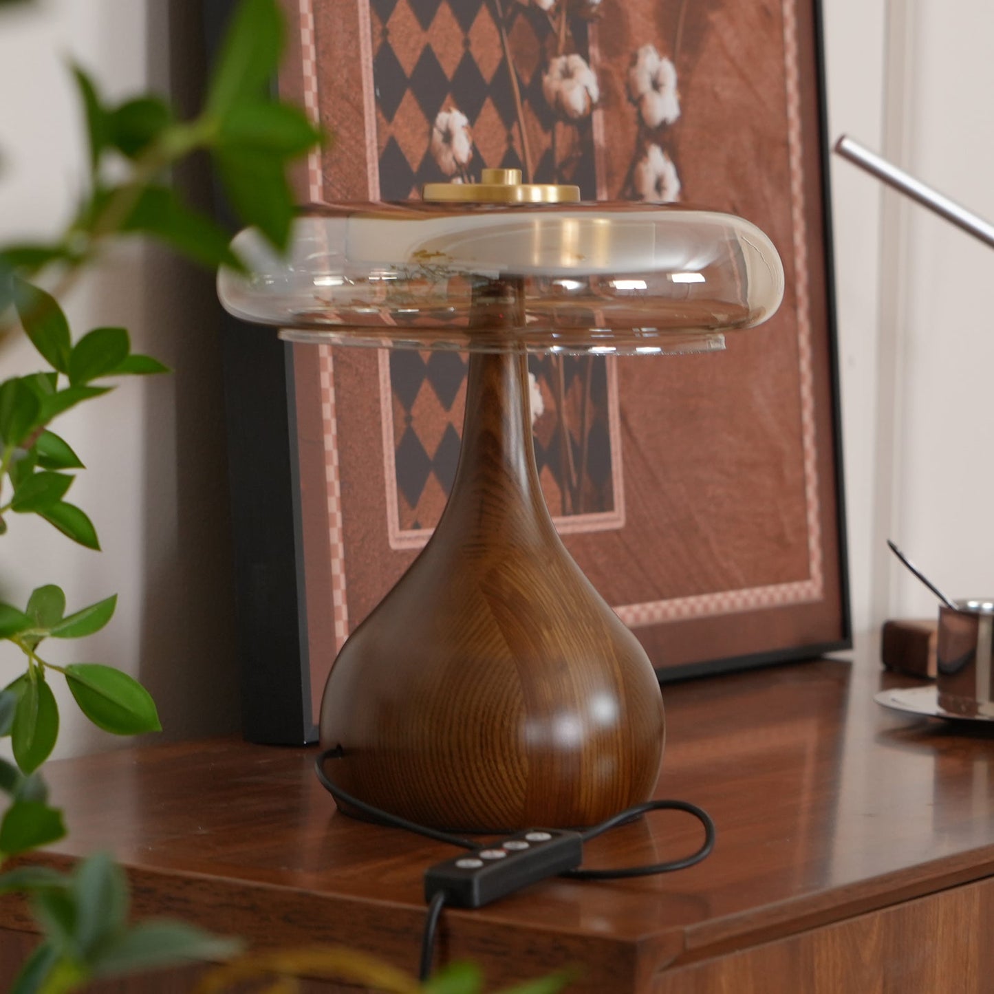 Adjustable LED Glass Table Lamp - Elegant Brass and Wood Design for Bedside or Desk 5