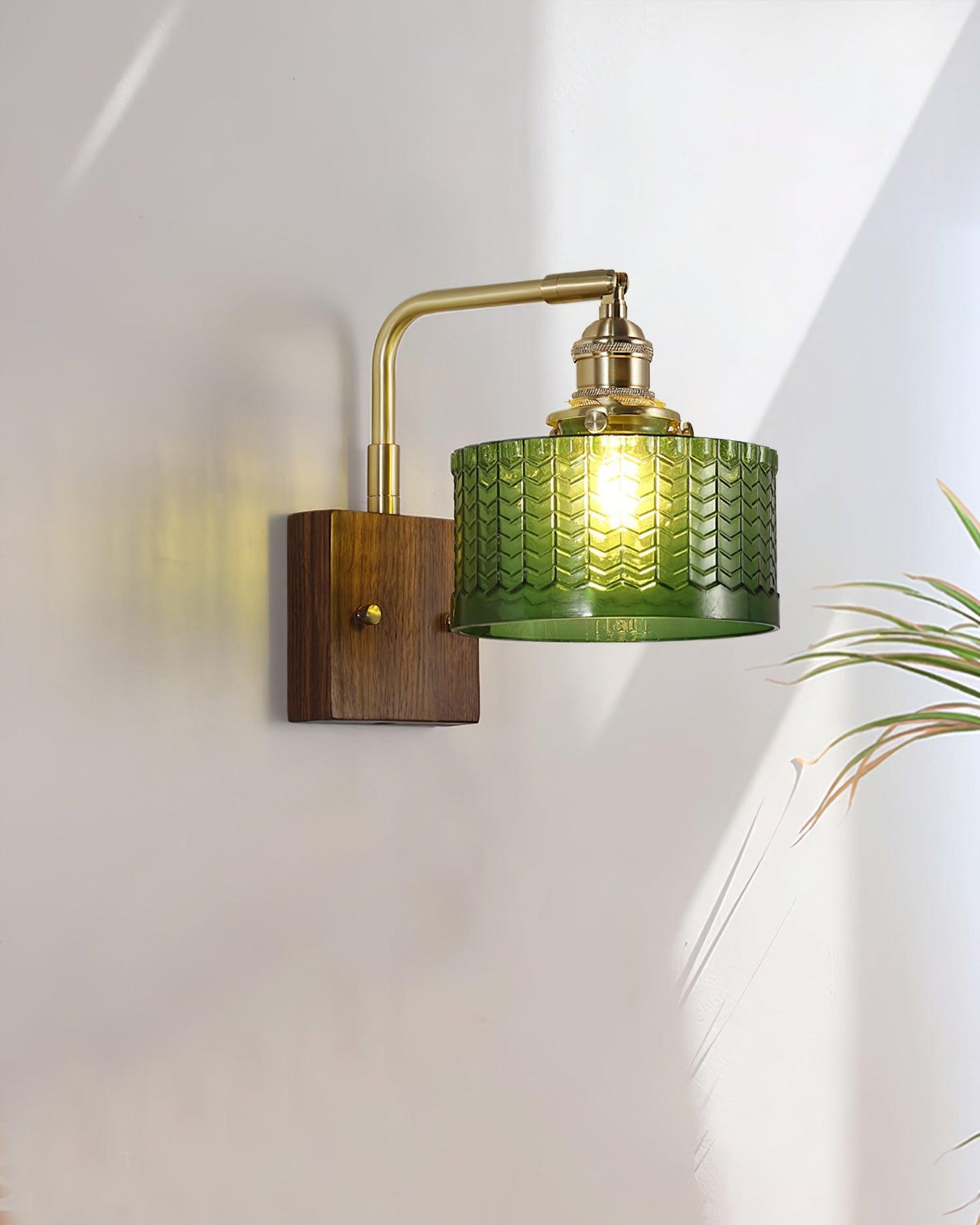 Rustic Green Glass Wall Sconce with Antique Brass Accents for Home Decor 8