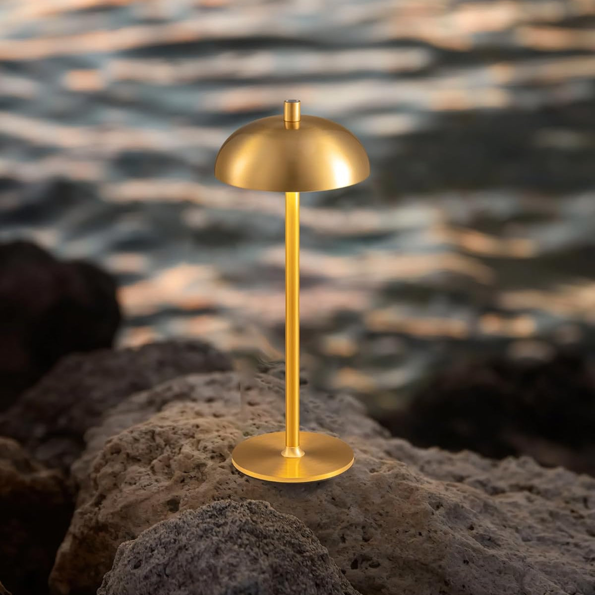 Gold outdoor lamp on a rock with water in the background