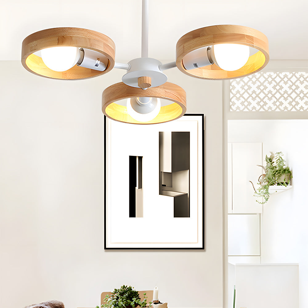 Modern ceiling light fixture with wooden shades in a room with abstract art and plants.