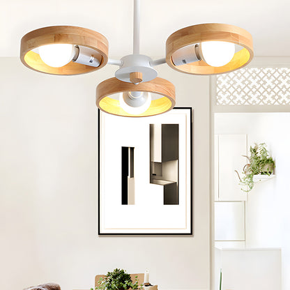 Modern ceiling light fixture with wooden shades in a room with abstract art and plants.