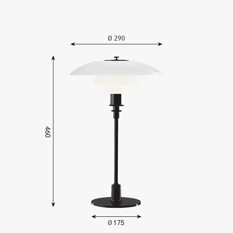 Black table lamp with white shade and dimensions on a white background