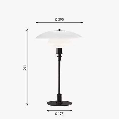 Black table lamp with white shade and dimensions on a white background