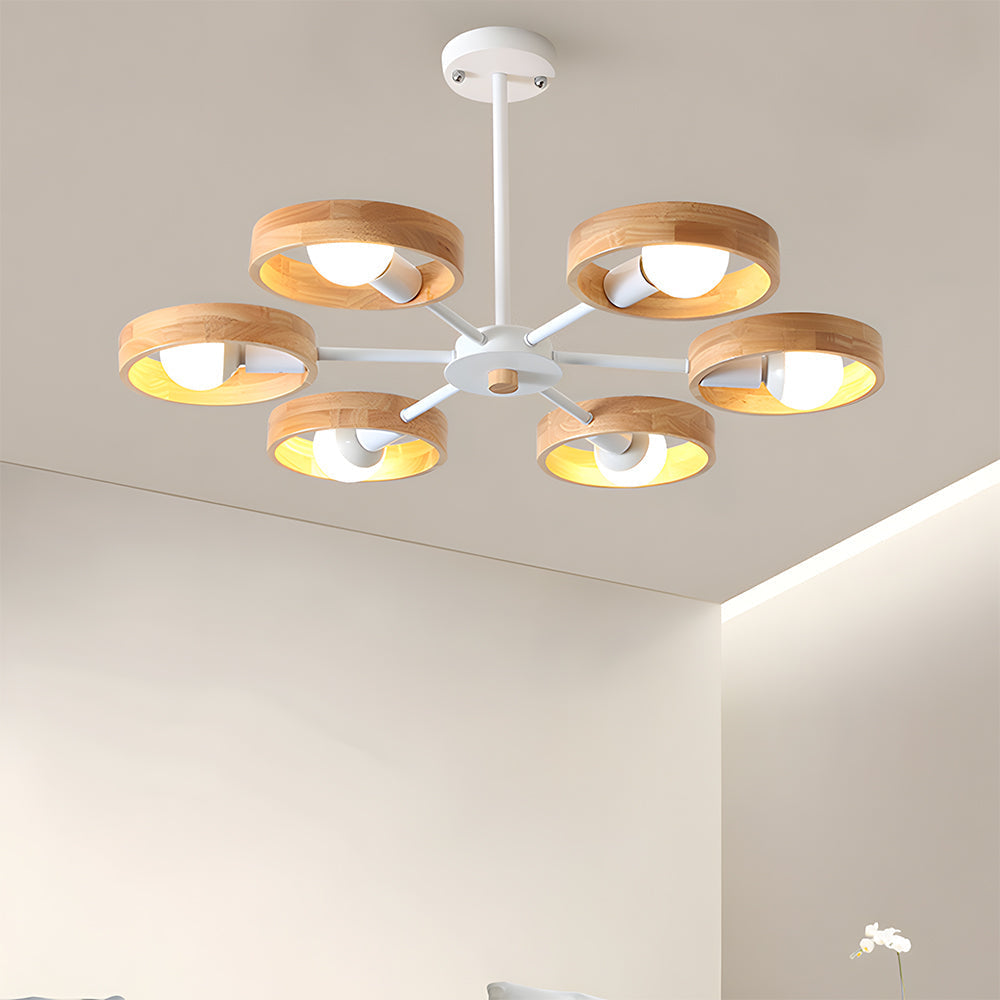 Modern chandelier with wooden accents on a ceiling