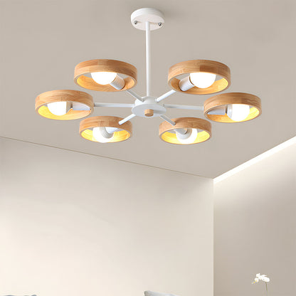 Modern chandelier with wooden accents on a ceiling