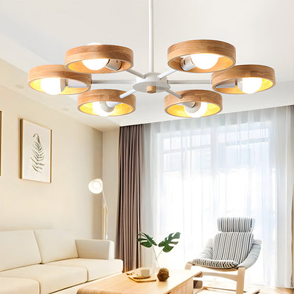 Modern living room with a wooden pendant light fixture.
