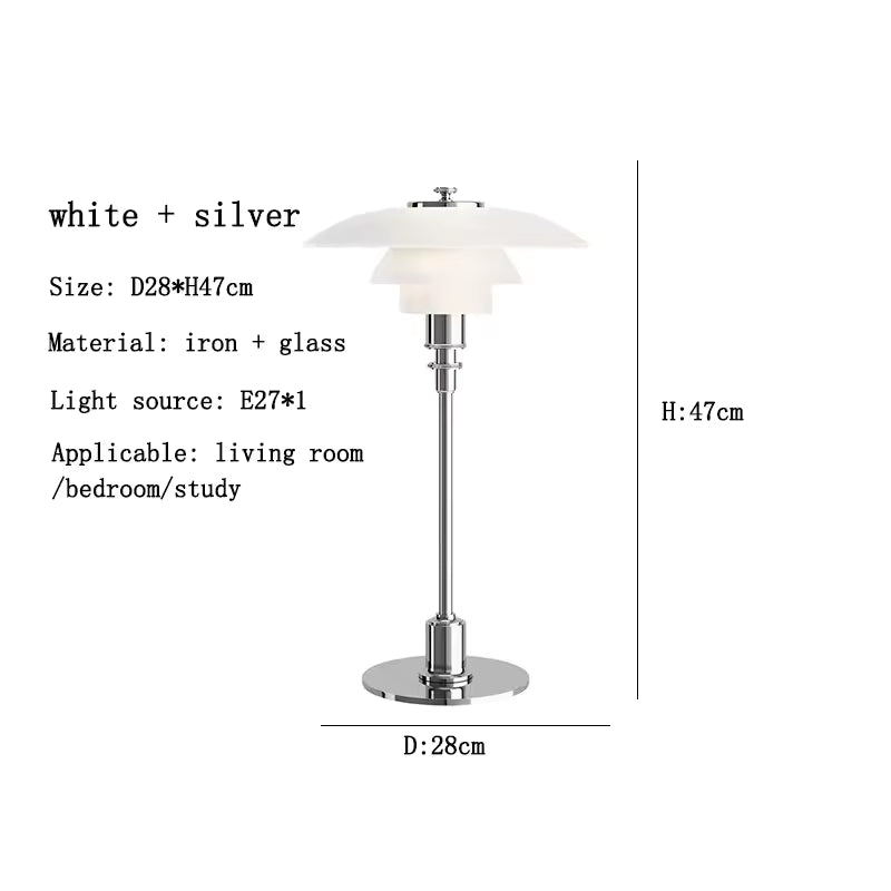 White and silver table lamp with dimensions and material details on a white background