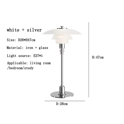 White and silver table lamp with dimensions and material details on a white background