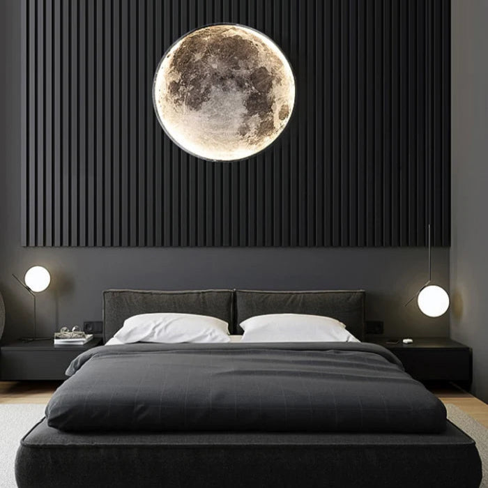 Modern bedroom with a large moon wall art piece.