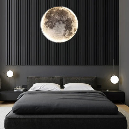 Modern bedroom with a large moon wall art piece.
