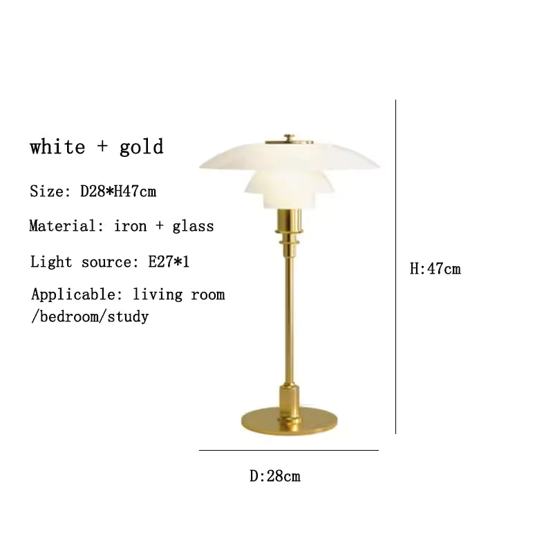 Gold and white lamp with specifications on a white background