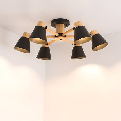 Modern ceiling light fixture with black and wood design on a white ceiling.