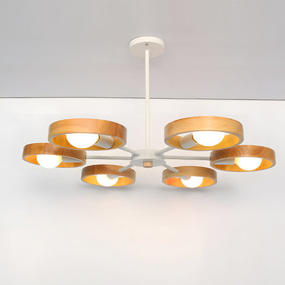 Modern chandelier with wooden shades on a white background