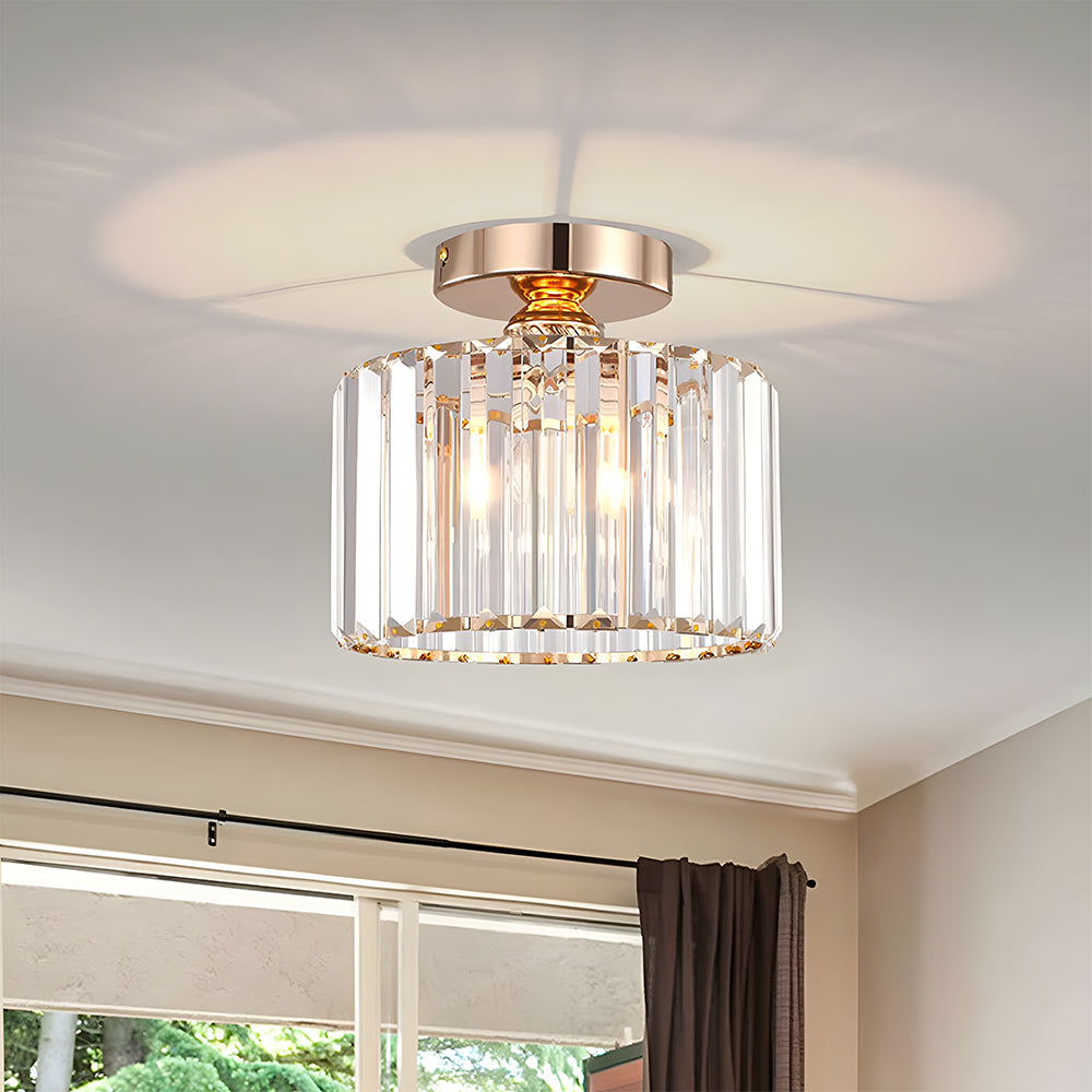Ceiling light fixture with crystal design in a room with a window
