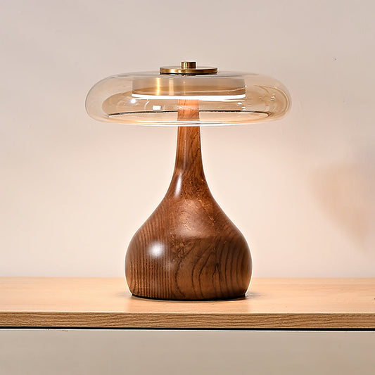 Adjustable LED Glass Table Lamp - Elegant Brass and Wood Design for Bedside or Desk 0