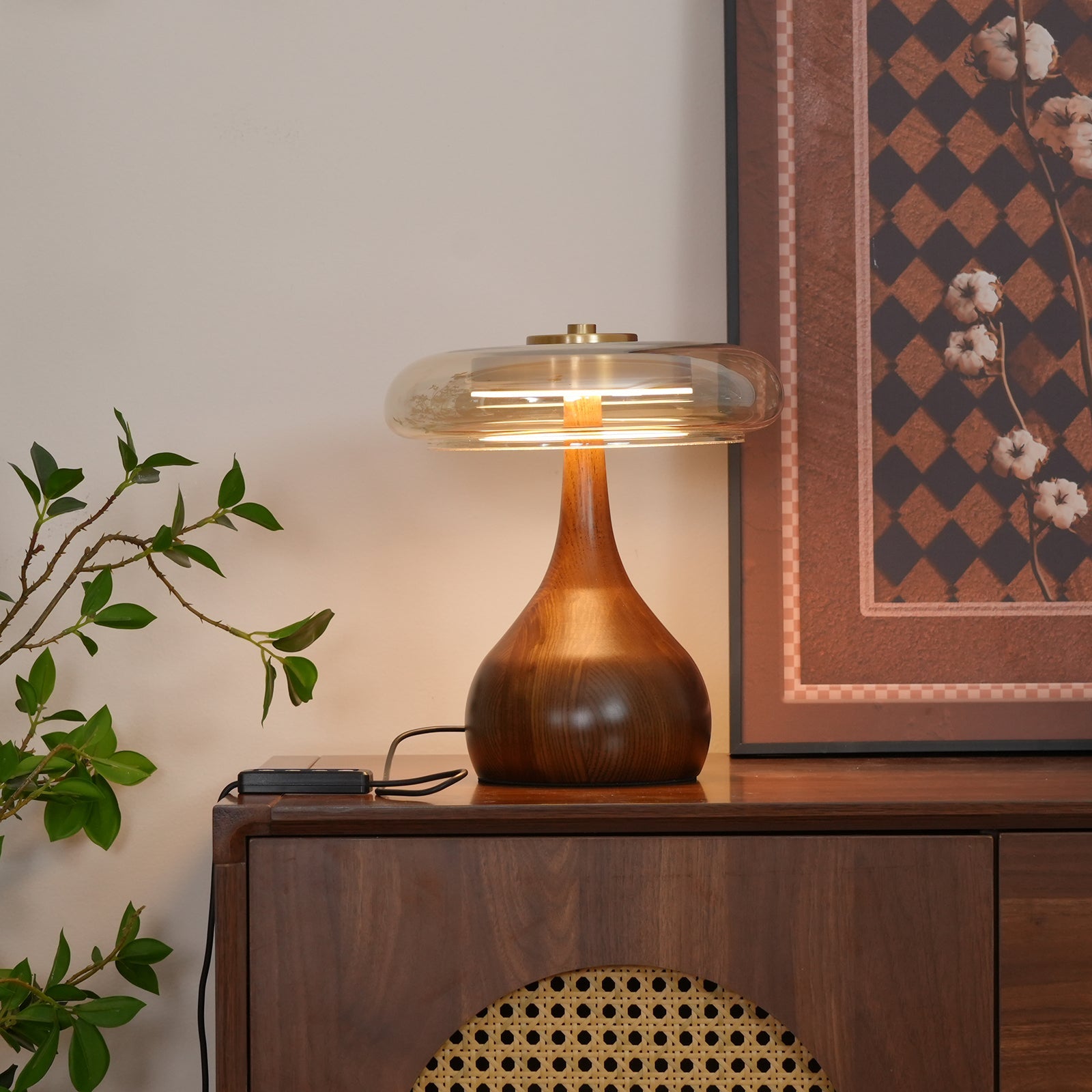 Adjustable LED Glass Table Lamp - Elegant Brass and Wood Design for Bedside or Desk 3