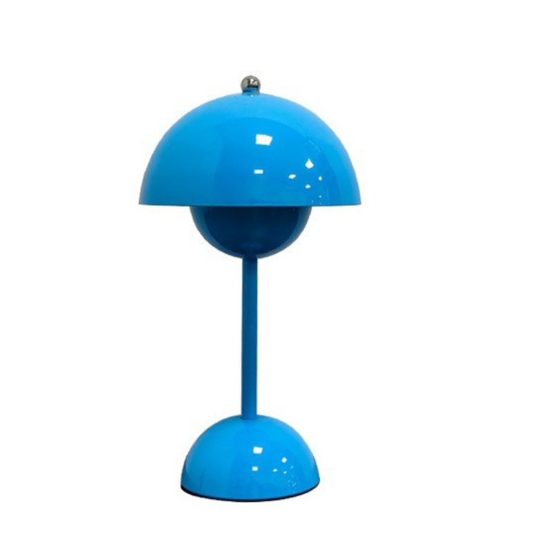 Blue table lamp with dimensions indicated on a white background