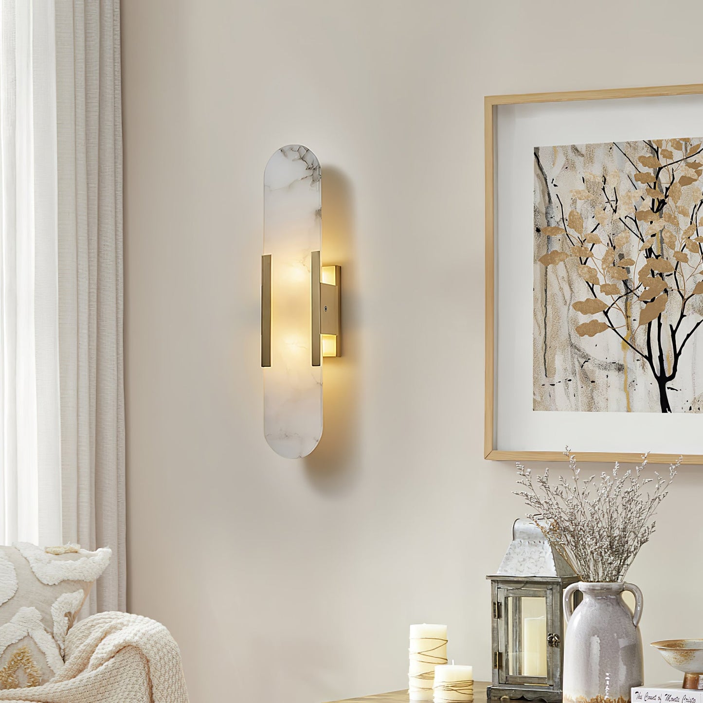 Elongated Alabaster Wall Sconce Light with Brass Accents for Modern Interiors 4