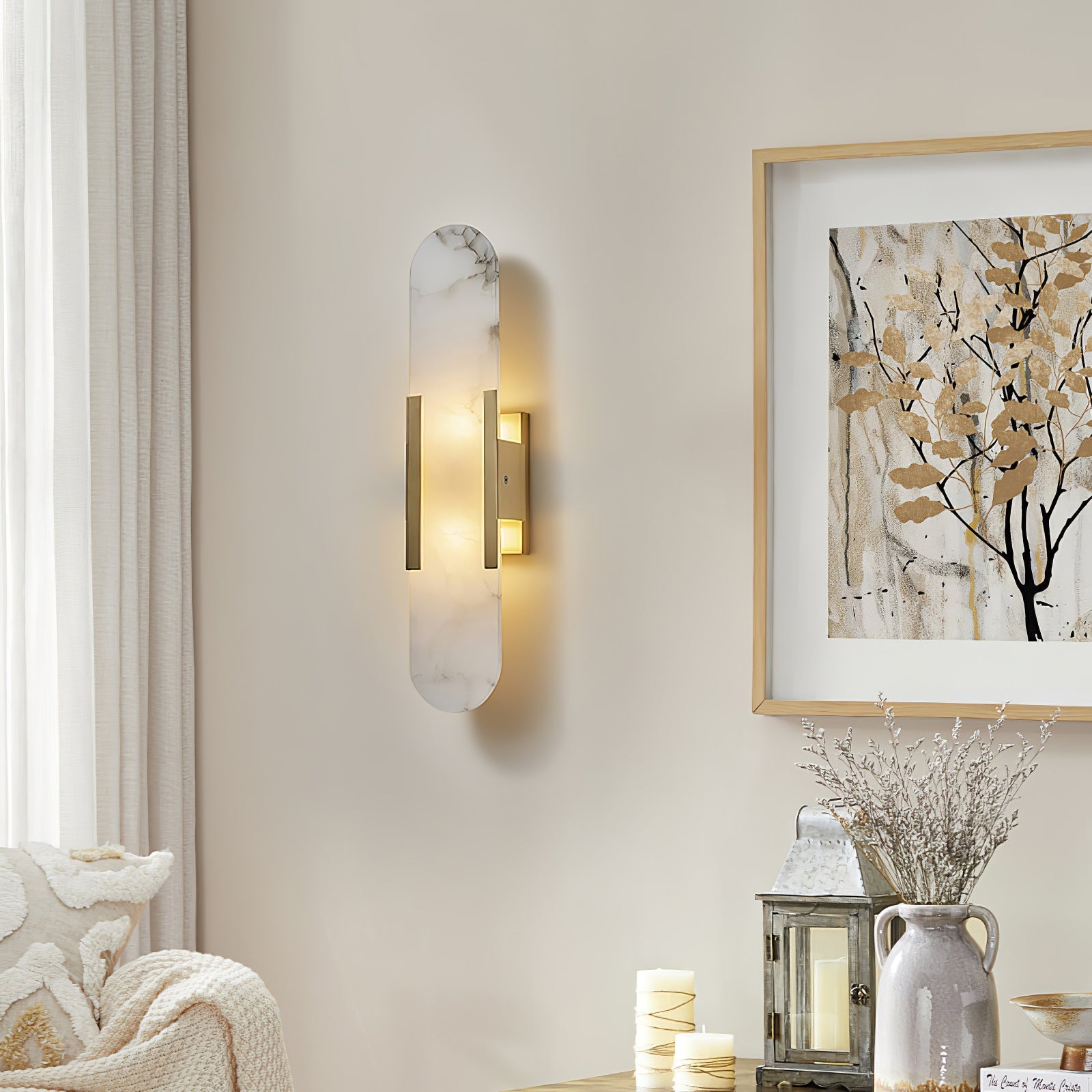 Elongated Alabaster Wall Sconce Light with Brass Accents for Modern Interiors 4