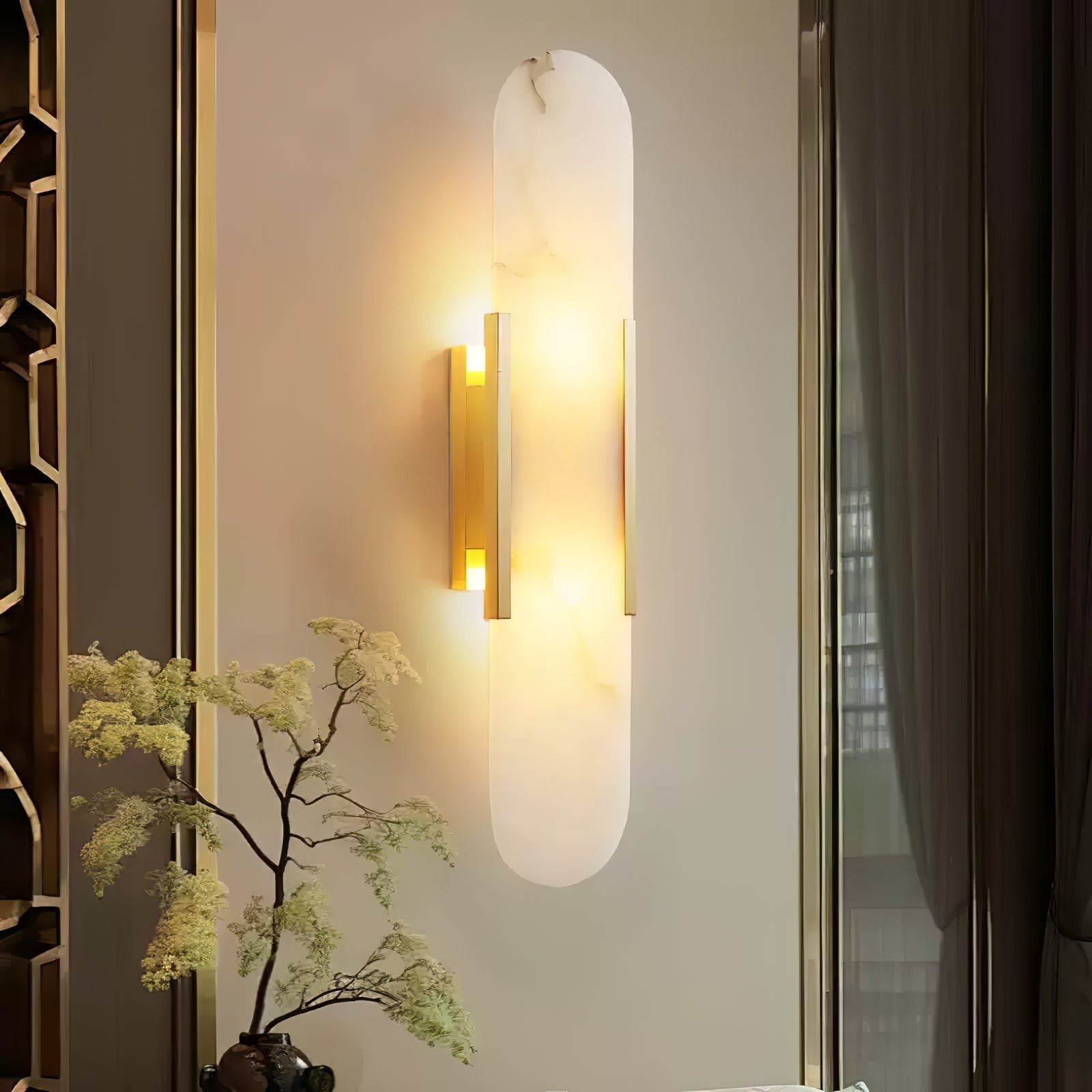Elongated Alabaster Wall Sconce Light with Brass Accents for Modern Interiors 6