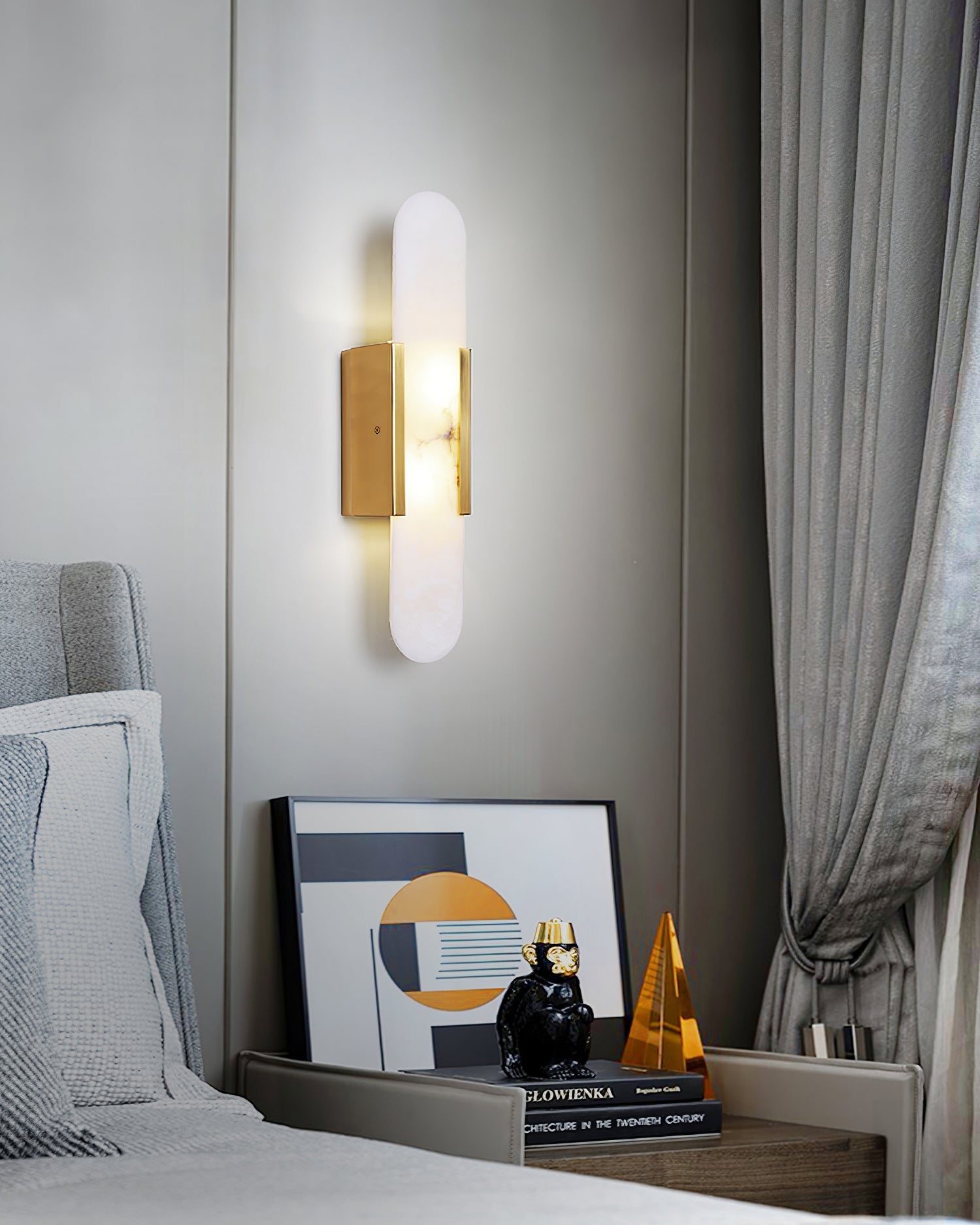 Elongated Alabaster Wall Sconce Light with Brass Accents for Modern Interiors 8