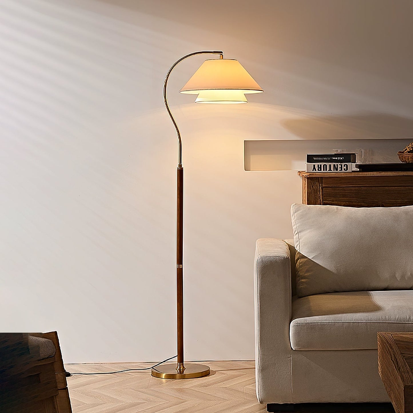 Modern Arc Floor Lamp with Layered Fabric Shade for Living Room Ambiance 2