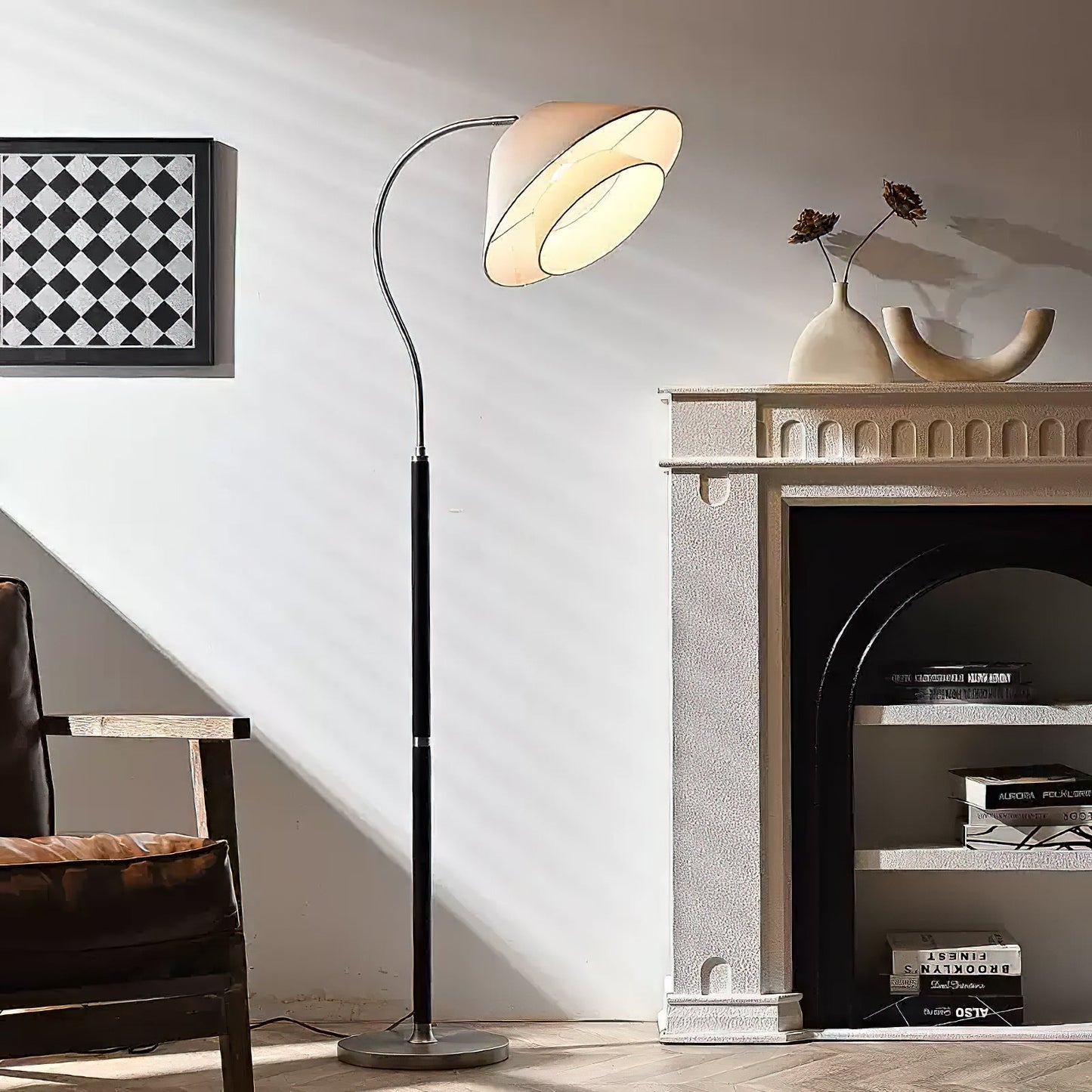 Modern Arc Floor Lamp with Layered Fabric Shade for Living Room Ambiance 3