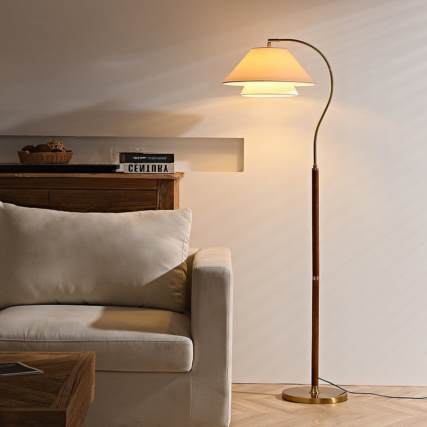 Modern Arc Floor Lamp with Layered Fabric Shade for Living Room Ambiance 4