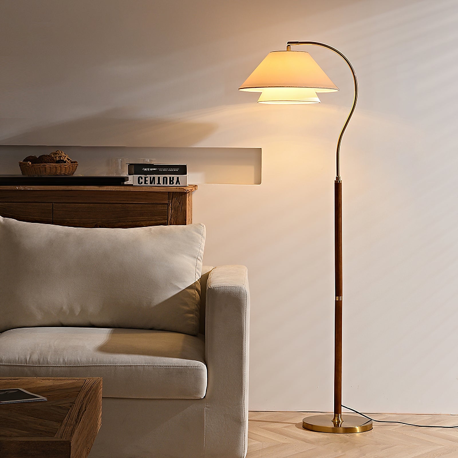 Modern Arc Floor Lamp with Layered Fabric Shade for Living Room Ambiance 4