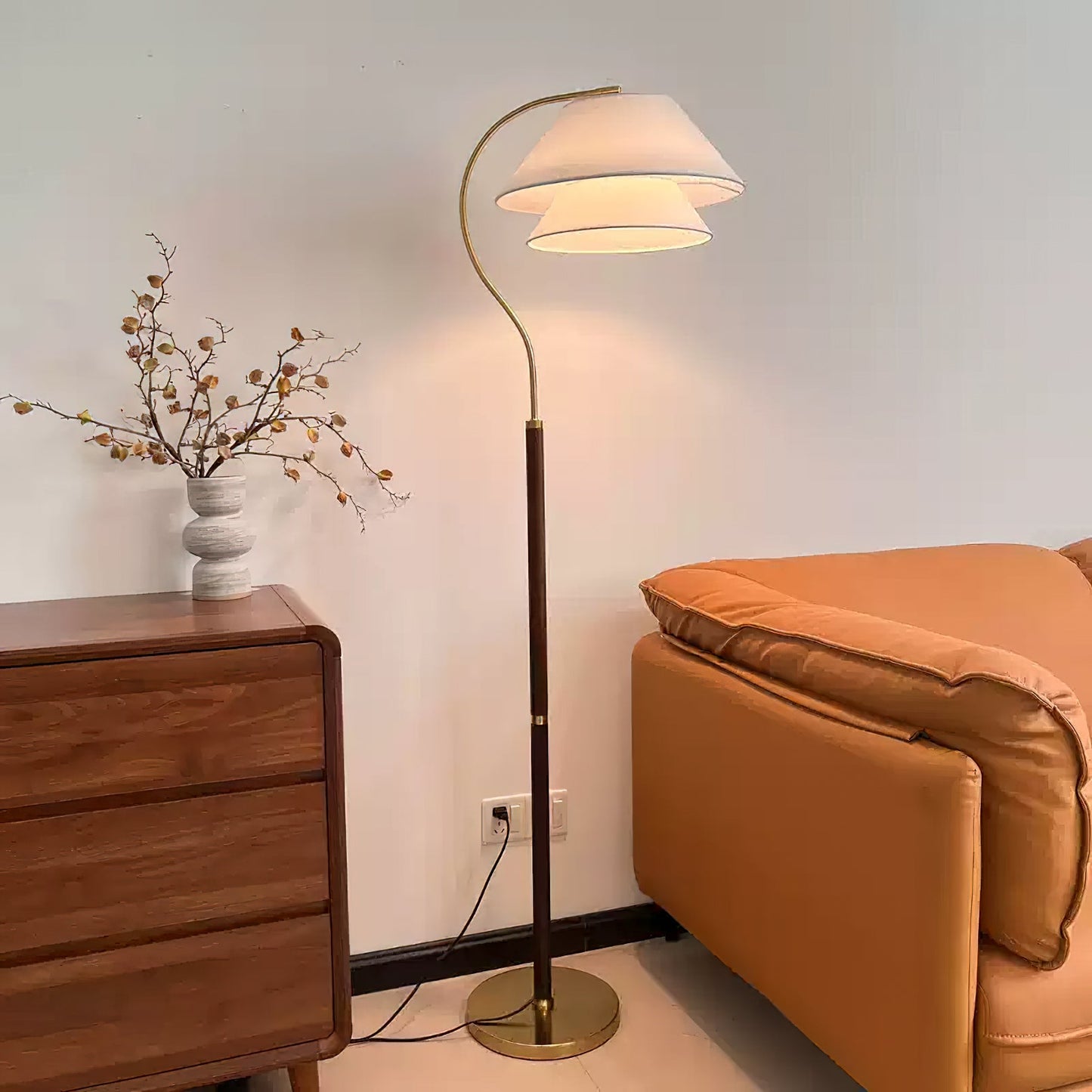 Modern Arc Floor Lamp with Layered Fabric Shade for Living Room Ambiance 8