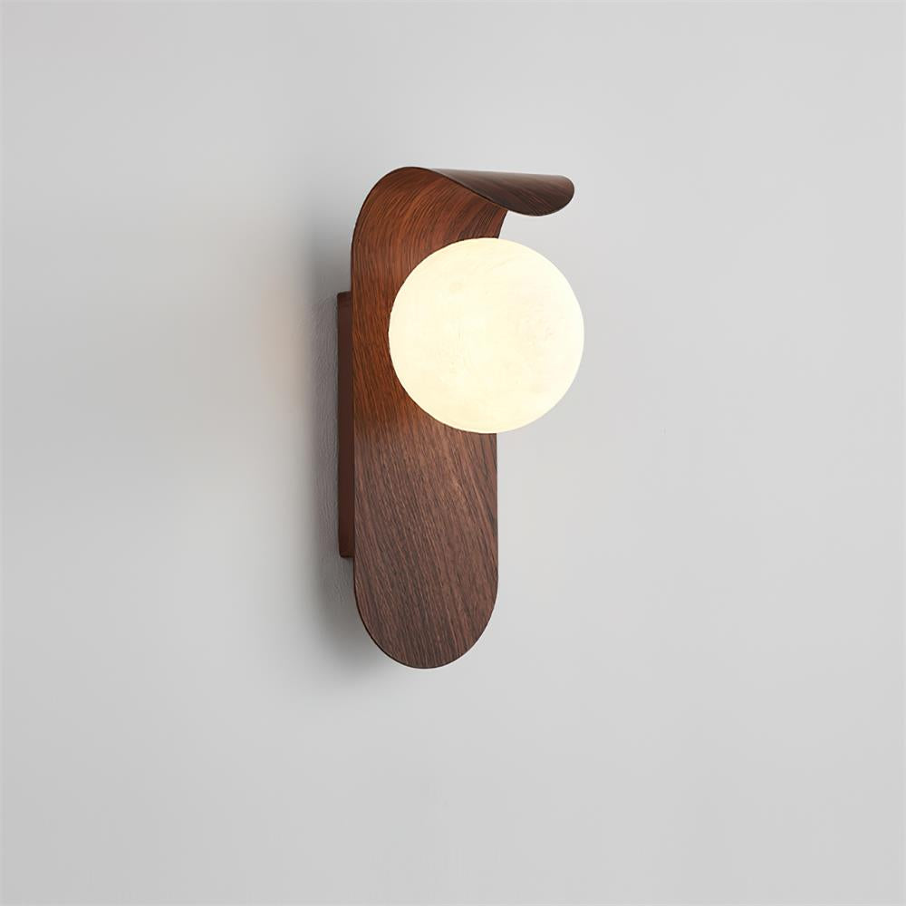 Modern Wall Sconce with Curved Wood Base and Frosted Globe for Bathroom Use 0