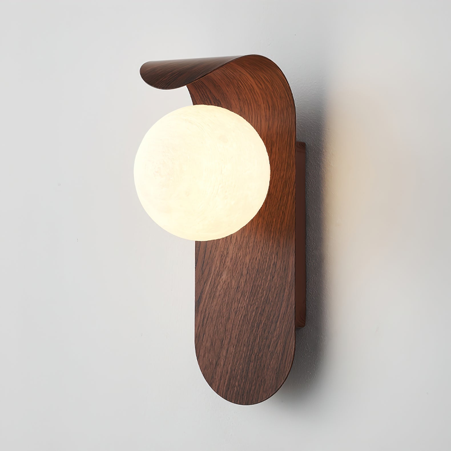 Modern Wall Sconce with Curved Wood Base and Frosted Globe for Bathroom Use 2