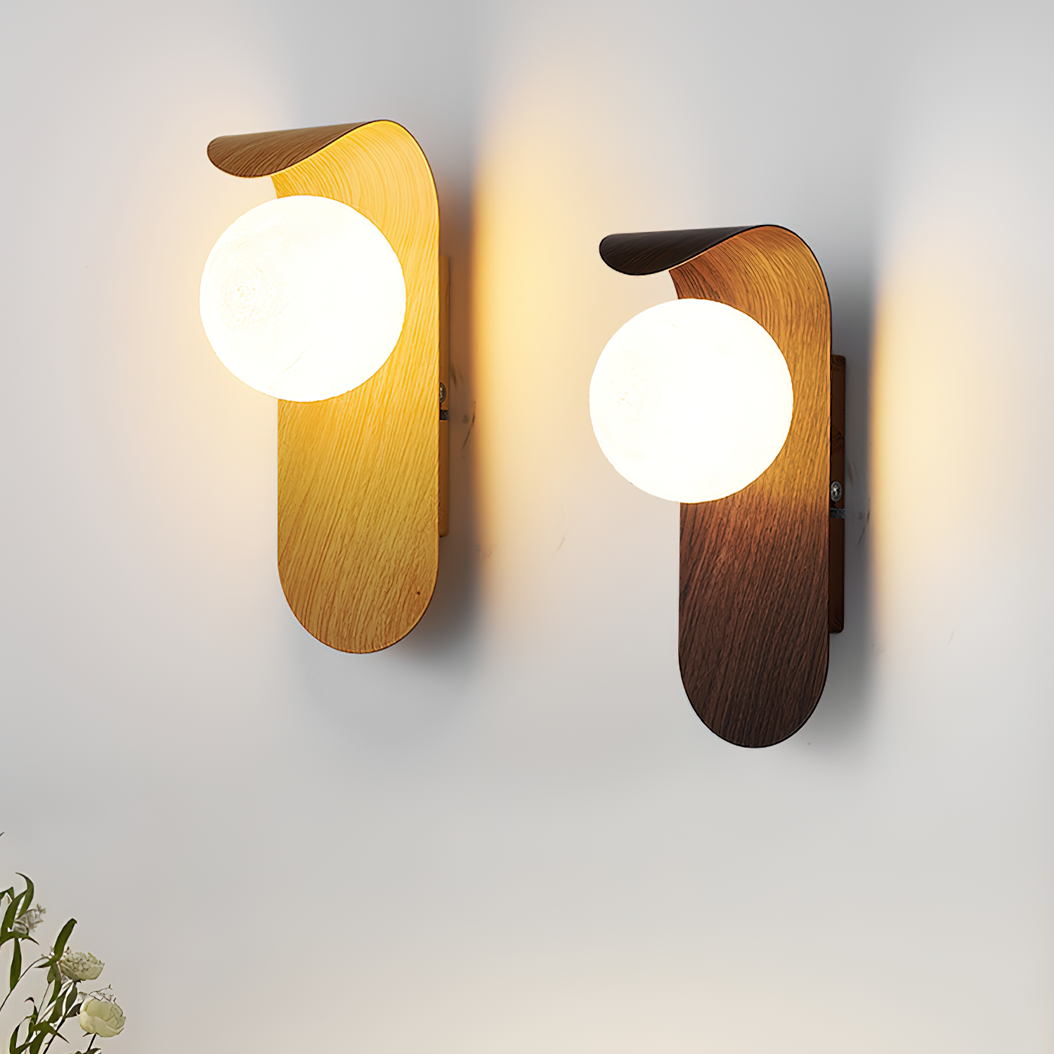 Modern Wall Sconce with Curved Wood Base and Frosted Globe for Bathroom Use 3