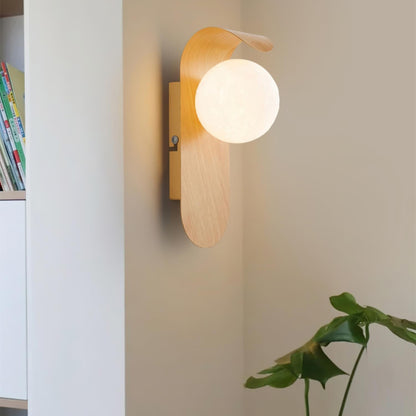 Modern Wall Sconce with Curved Wood Base and Frosted Globe for Bathroom Use 4