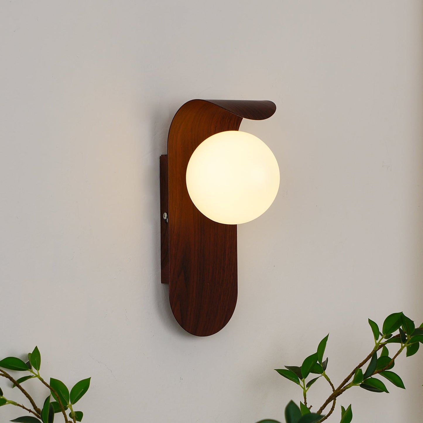 Modern Wall Sconce with Curved Wood Base and Frosted Globe for Bathroom Use 6