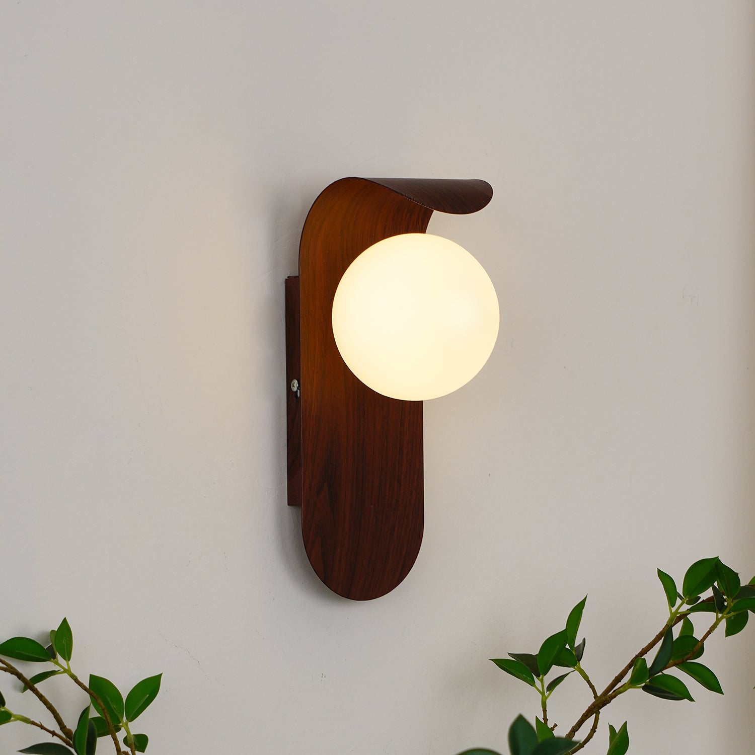 Modern Wall Sconce with Curved Wood Base and Frosted Globe for Bathroom Use 6