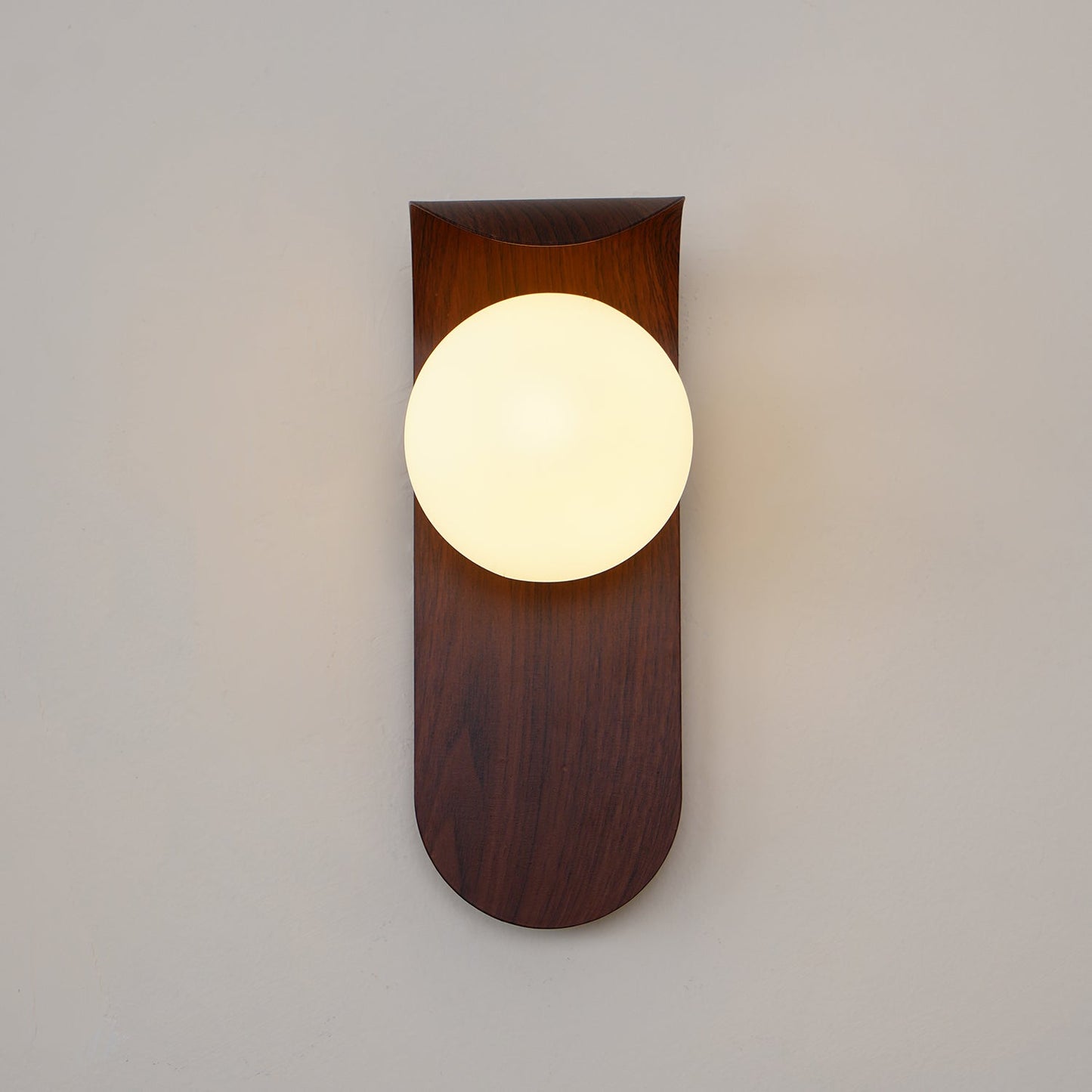 Modern Wall Sconce with Curved Wood Base and Frosted Globe for Bathroom Use 7