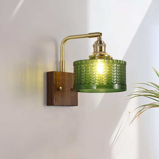 Rustic Green Glass Wall Sconce with Antique Brass Accents for Home Decor 1