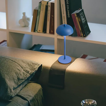 Blue table lamp on a sofa with books in the background